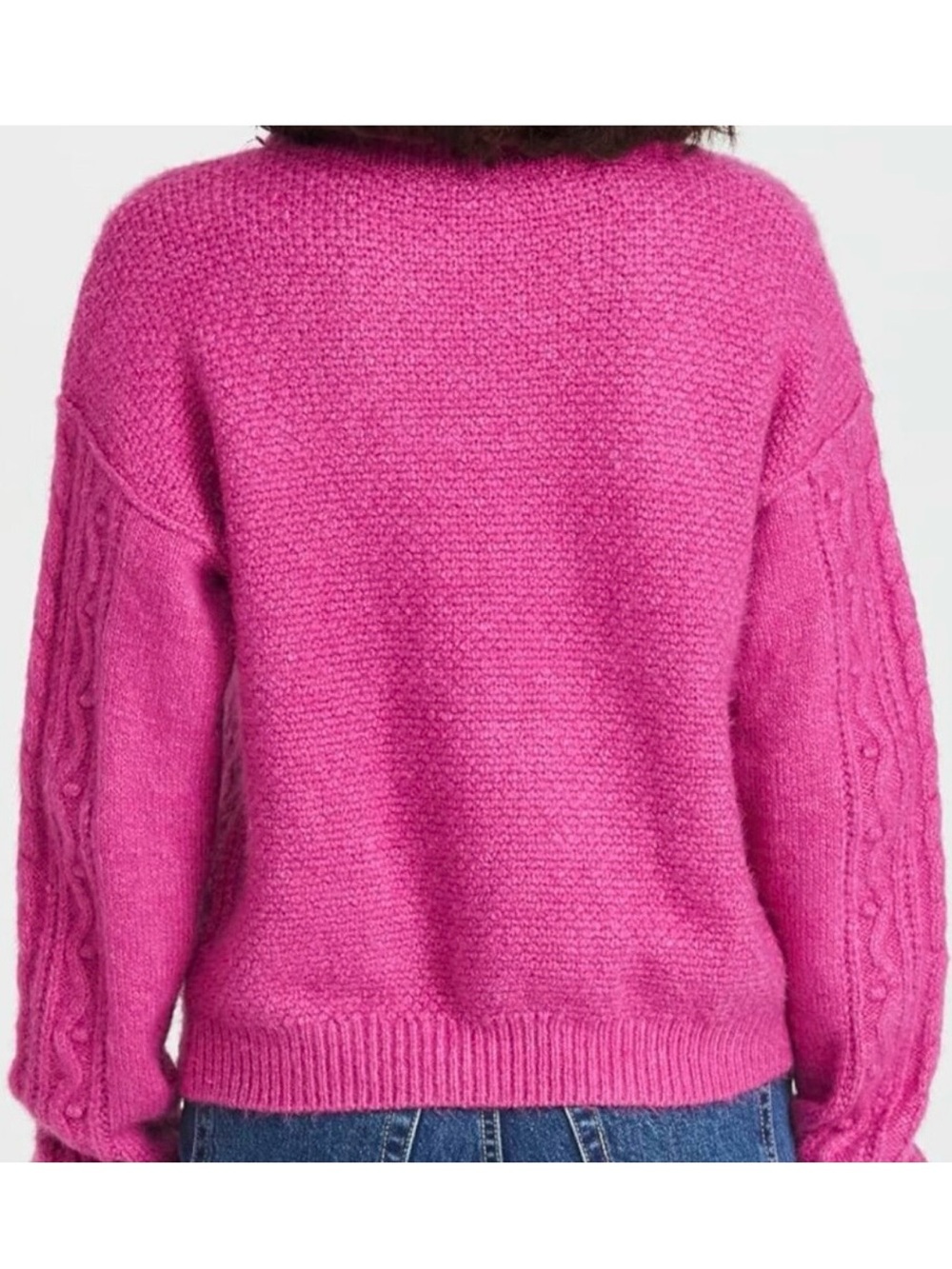 FREE PEOPLE Sz S Every Cloud Sweater Fuchsia Fizz Cable Collared Cotton Blend - Picture 3 of 11